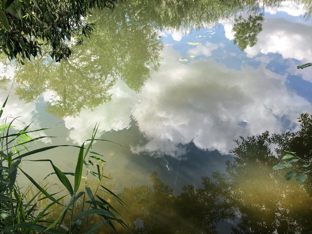 Wolken spiegeln sich über einer grünen Landschaft, Drykorn-Kampagne FS/SS 21 auf der SiHo Ranch