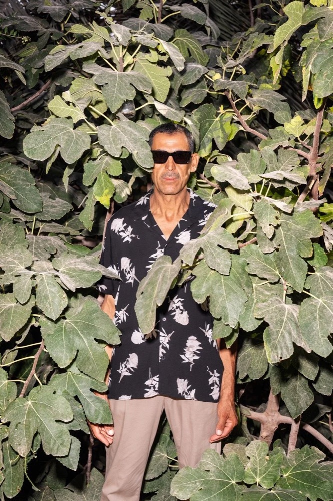 Model mit Sonnenbrille und gemustertem Hemd vor einem Feigenbaum, Drykorn-Kampagne FS/SS 24 in Tozeur, Tunesien