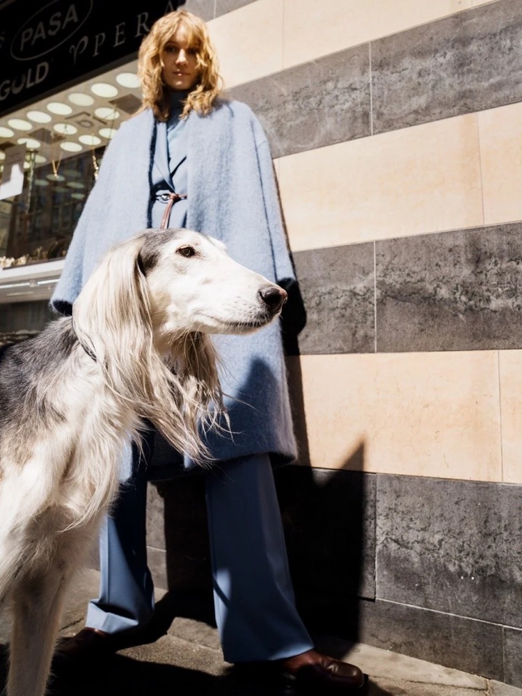 Model in hellblauem Cape mit einem Afghanischen Windhund, Drykorn-Kampagne HW/AW 2021 in Frankfurt