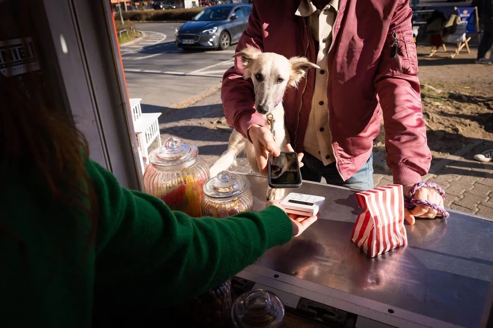 Zwei Menschen mit Hund an einem Gartentisch, Bespoke-Shooting für ING